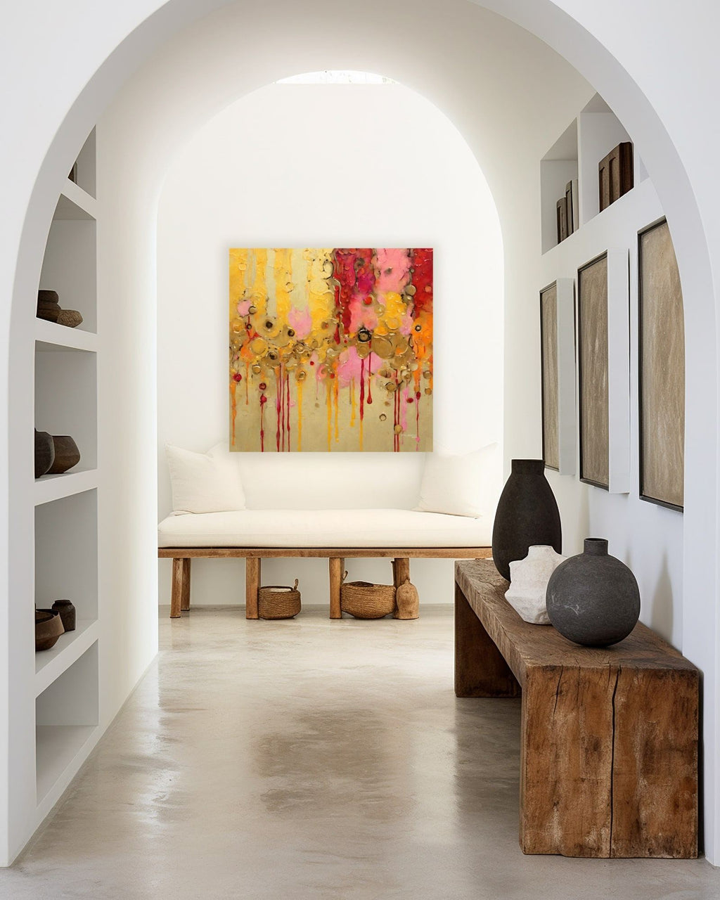 Divine Rainfall, Isaiah 45:8 canvas print above a bench in an arched alcove with built-in shelves