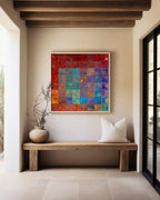 Surrounded By Love, Psalm 32:10 canvas print above a rustic bench beside a glass door, under wooden beams