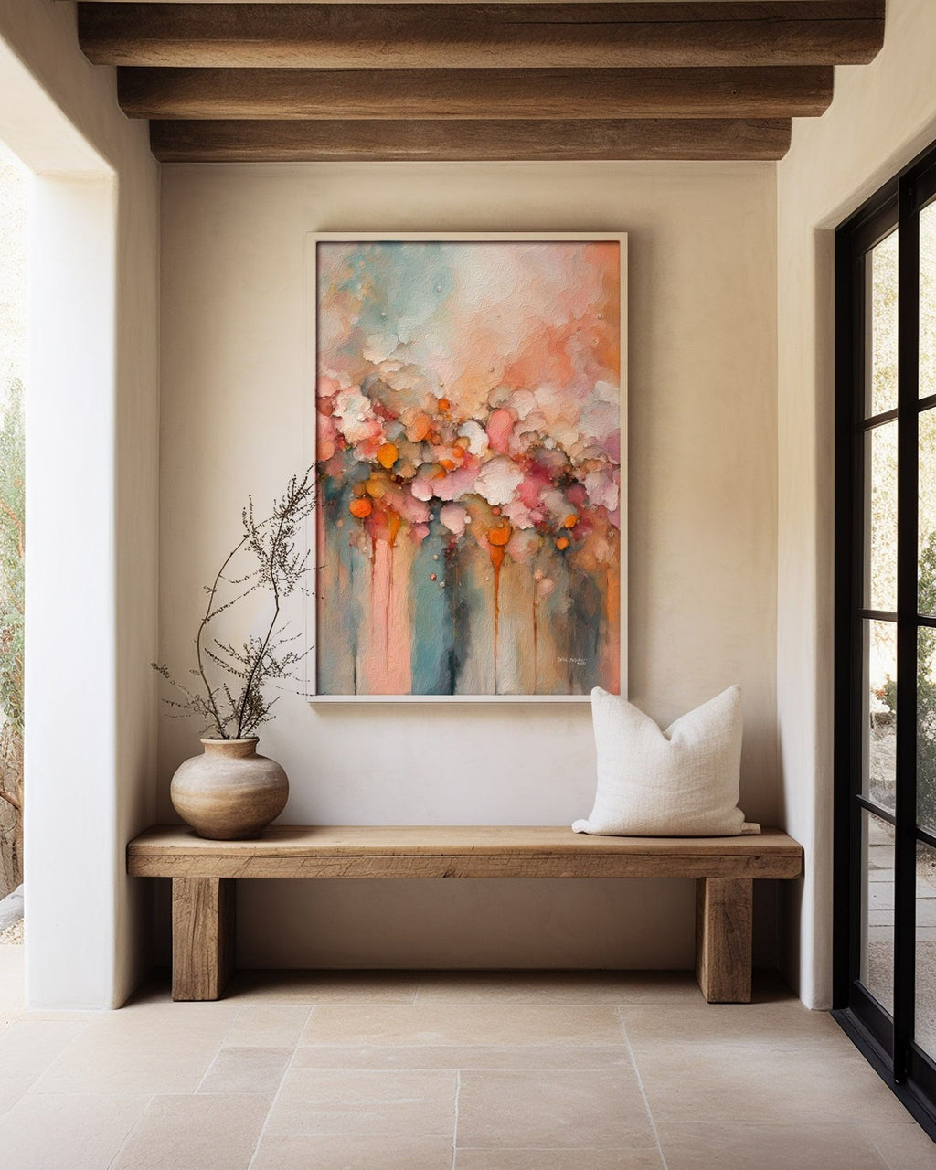 Heavenly Gathering, 1 Thessalonians 4:14 canvas print above a rustic bench beside a glass door, under wooden beams
