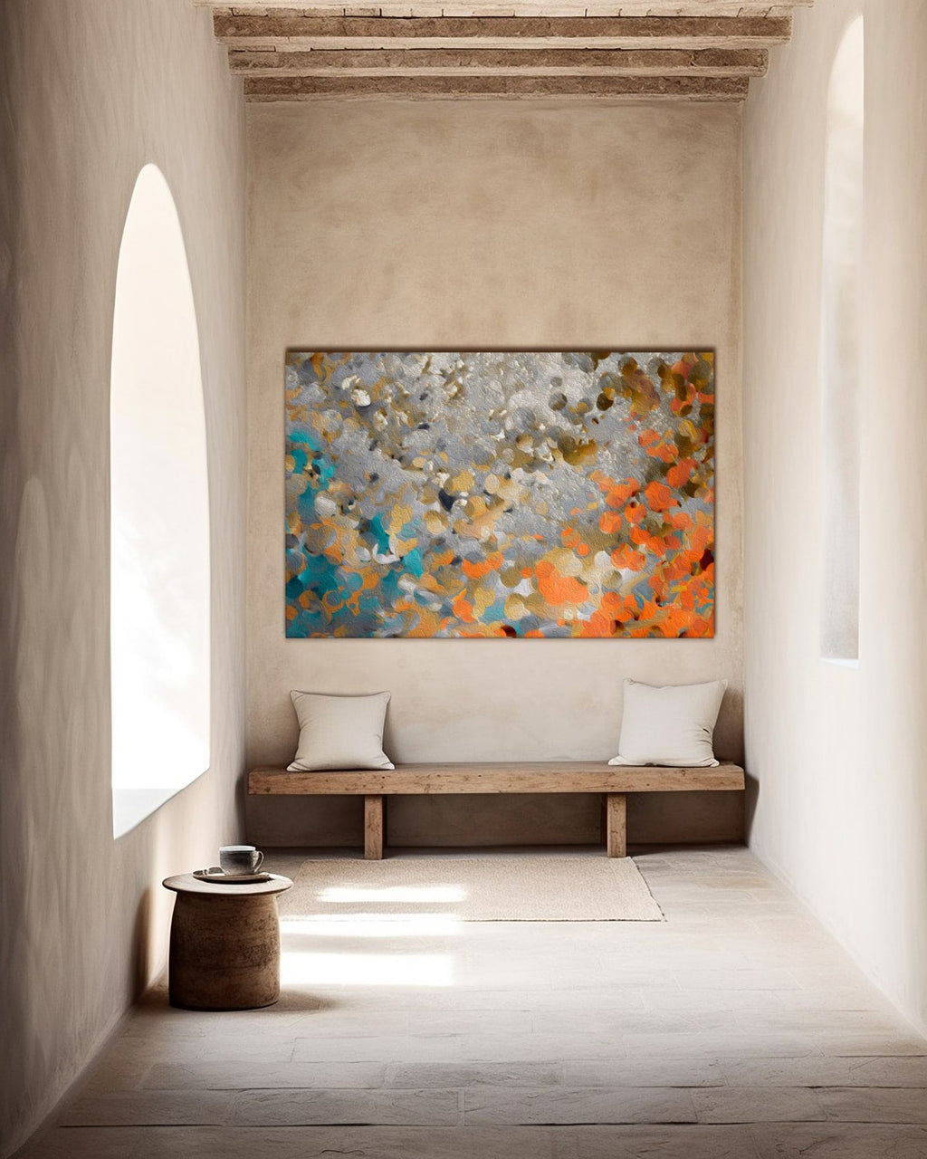 Discover Your Inner Gift, 1 Peter 4:10 canvas print above a wooden bench in a sunlit plaster hallway