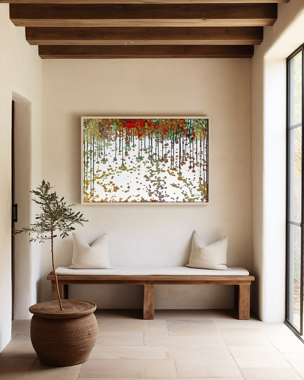 Bread From Heaven, Exodus 16:4 canvas print above a bench in an entryway with wooden ceiling beams