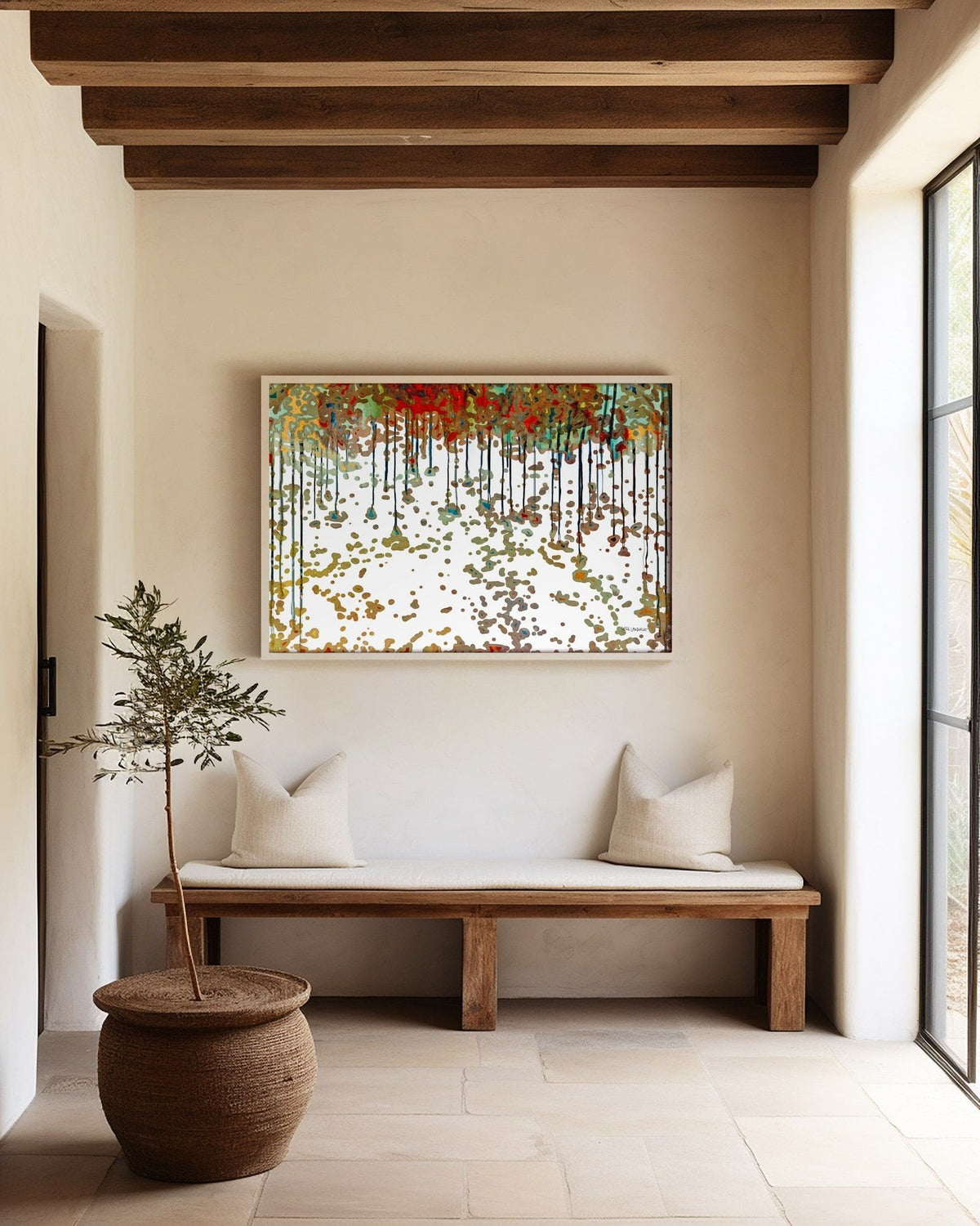 Bread From Heaven, Exodus 16:4 canvas print above a bench in an entryway with wooden ceiling beams