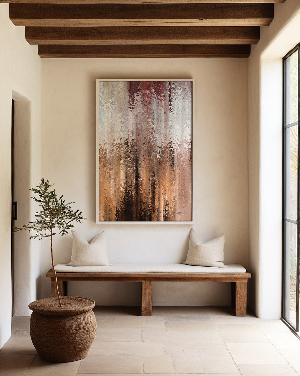 I Am With You, Isaiah 41:10 canvas print above a bench in an entryway with wooden ceiling beams