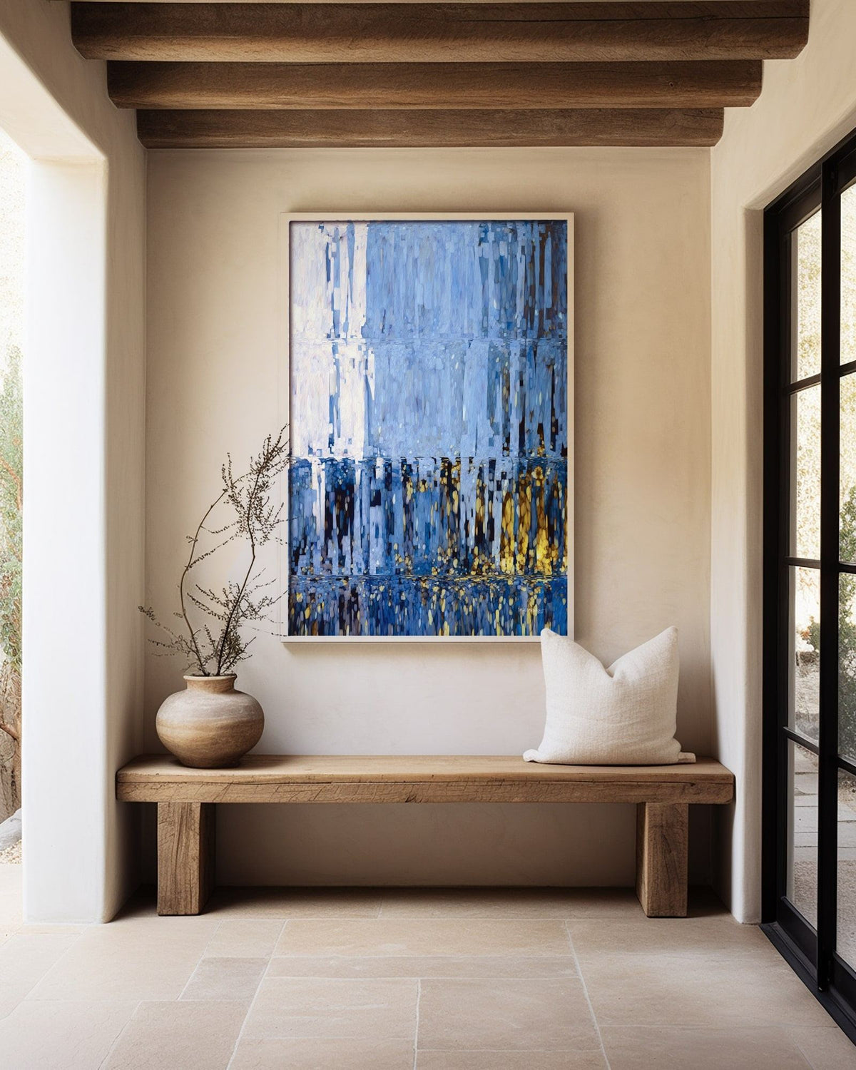 My Shepherd, Psalm 23:1 canvas print above a rustic bench beside a glass door, under wooden beams