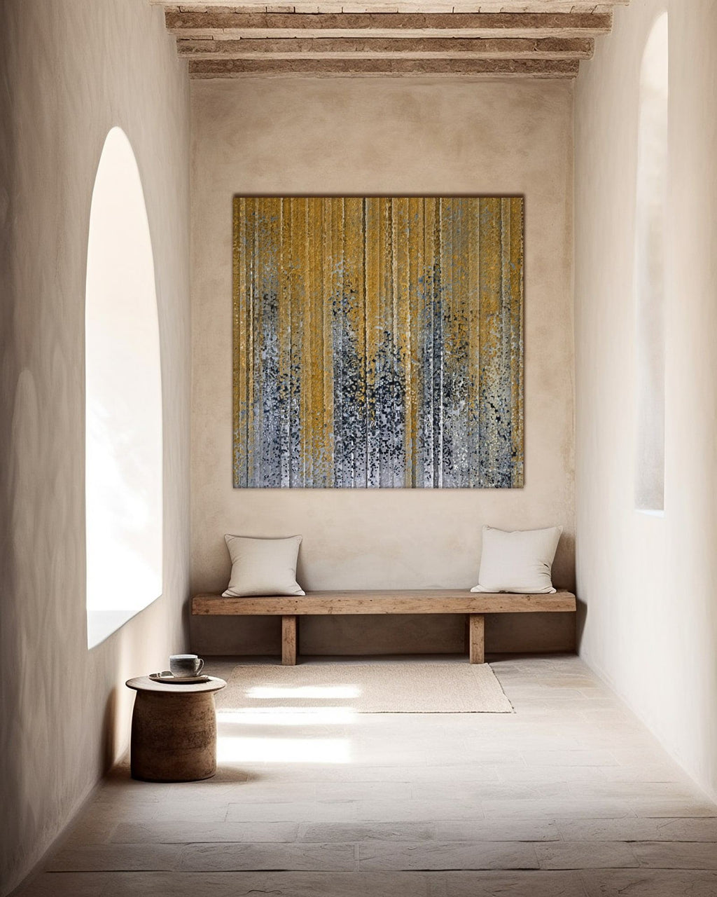 God Works In You, Philippians 2:13 canvas print above a wooden bench in a sunlit plaster hallway