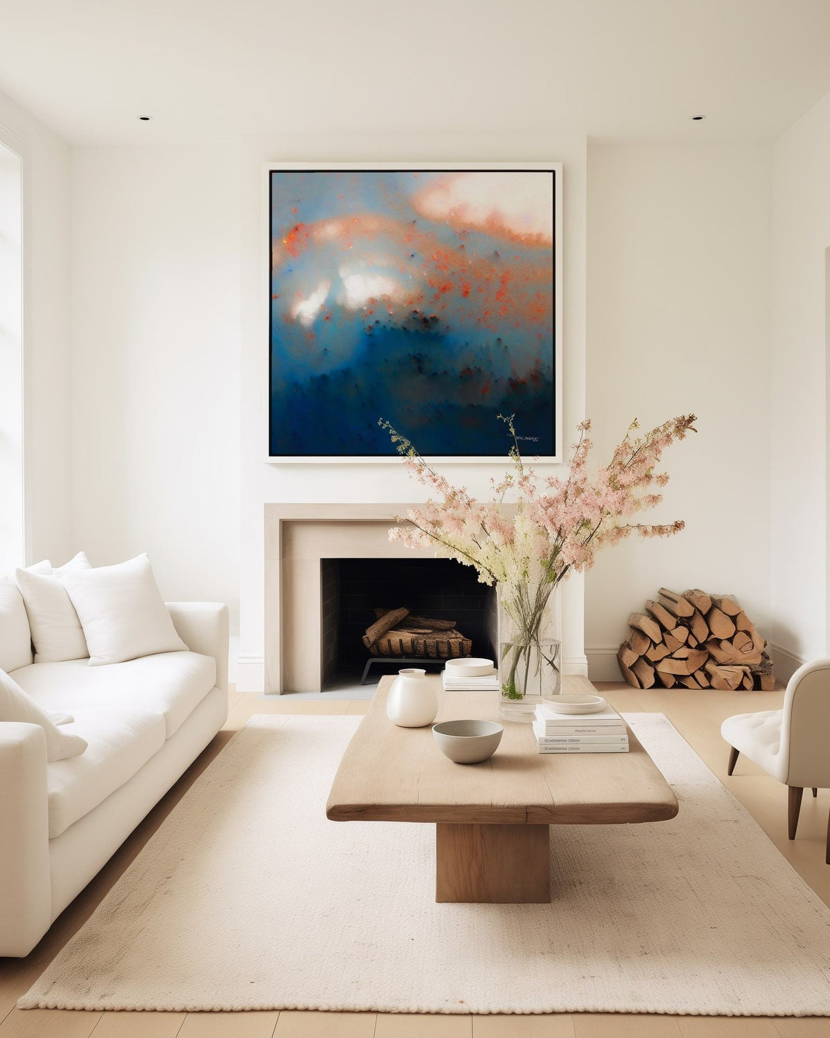 Never Lose Hope in Hard Times, Jeremiah 29:11 canvas print above a fireplace in a cream living room with spring blossom