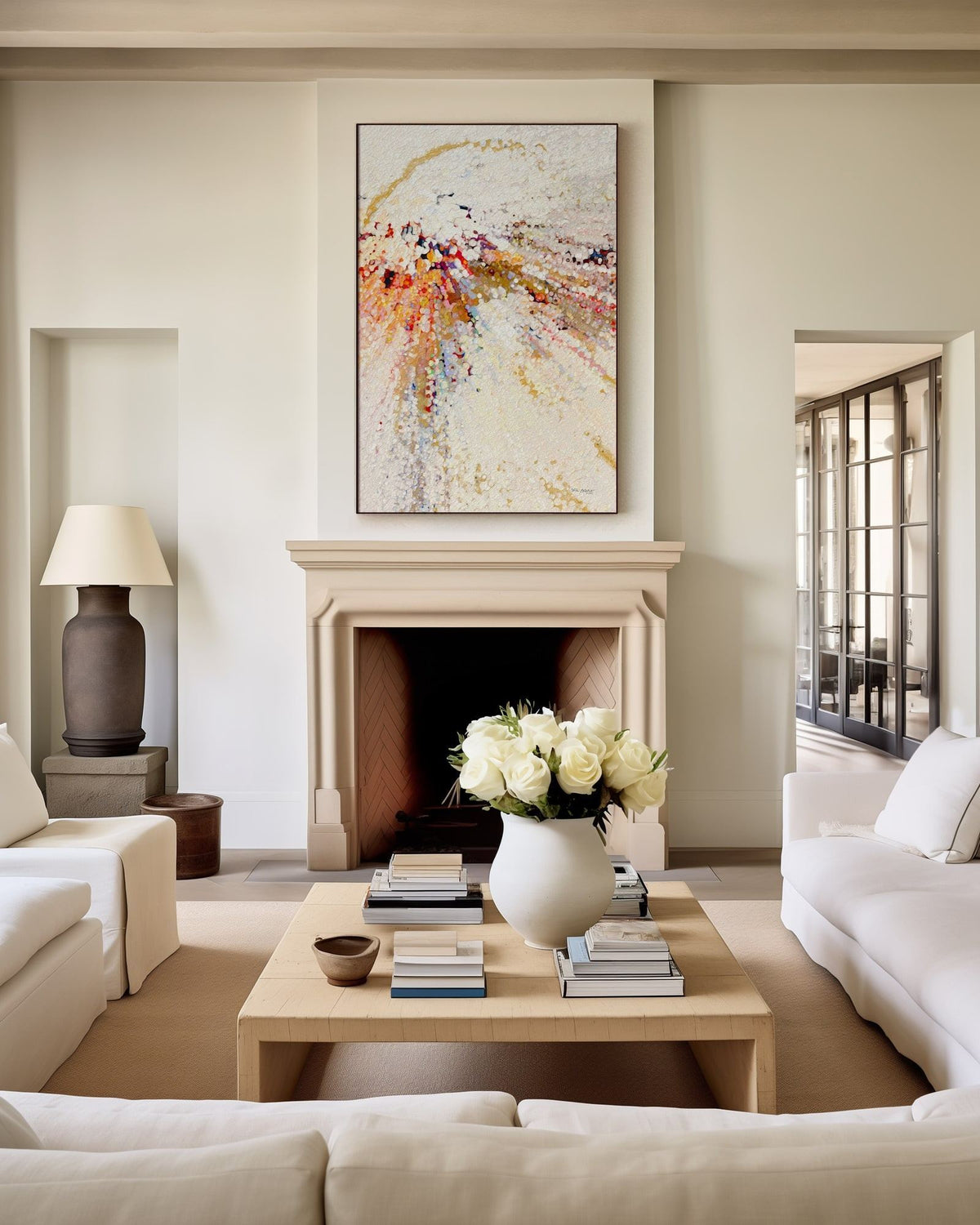 Learn To Live In Joy, John 16:22 canvas print above a stone fireplace in a cream living room