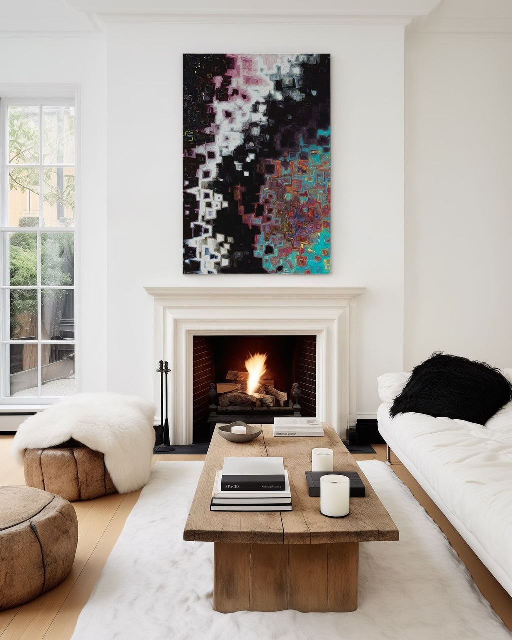 Jesus Christ, The Alpha and Omega, Revelation 1:8 canvas print above a lit fireplace with a white mantel