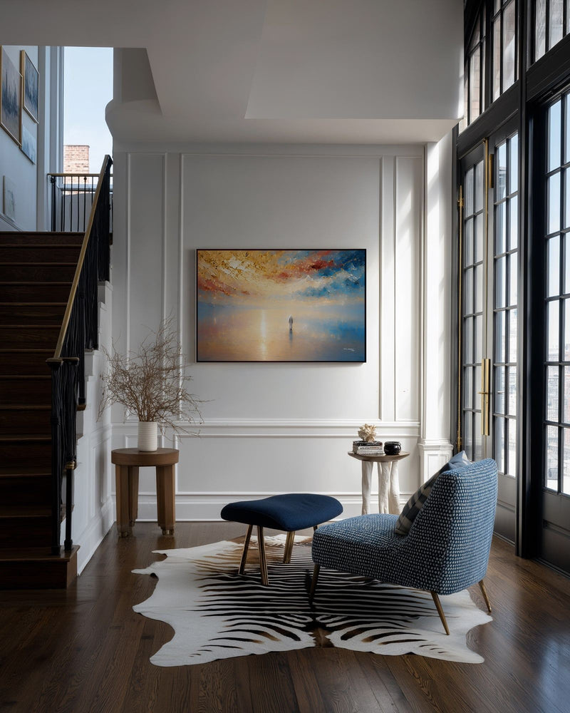 It Is I, Matthew 14:27 canvas print on a panelled wall beside a staircase and a blue armchair