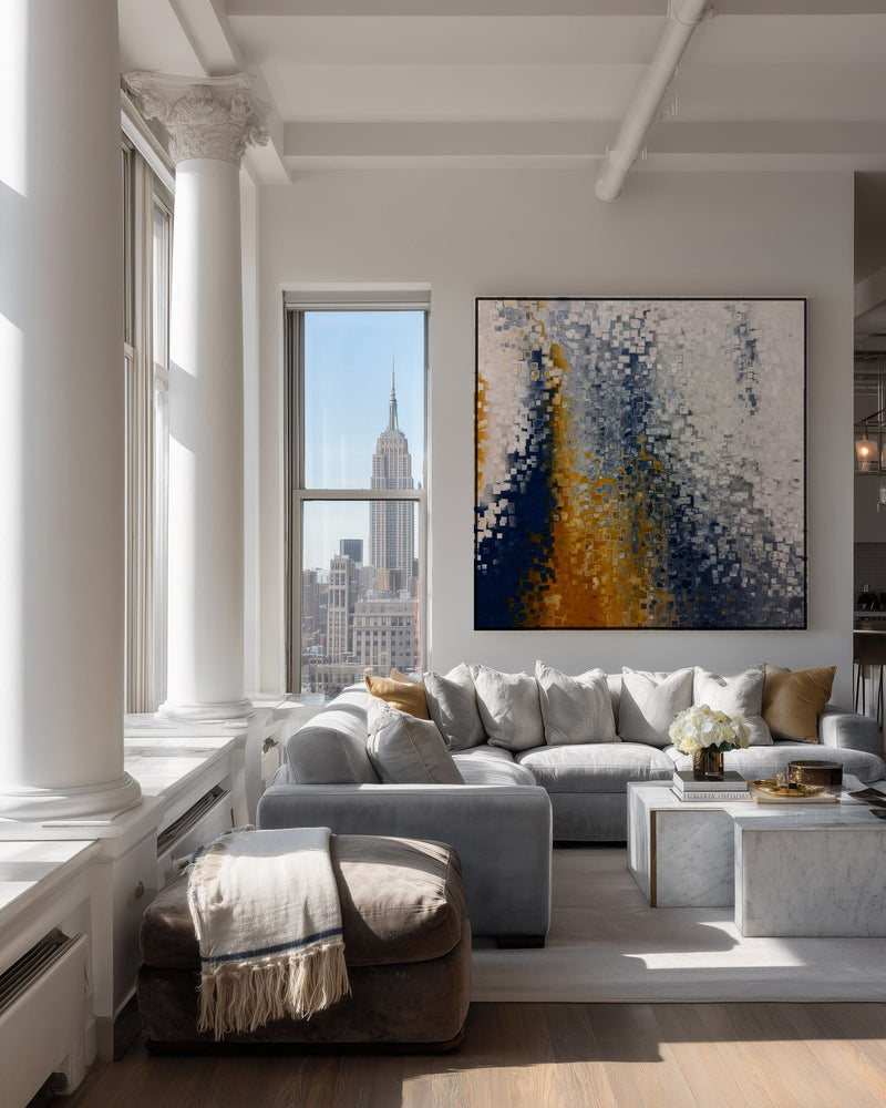 Pray without Ceasing, 1 Thessalonians 5:17 canvas print above a grey sofa in a city loft