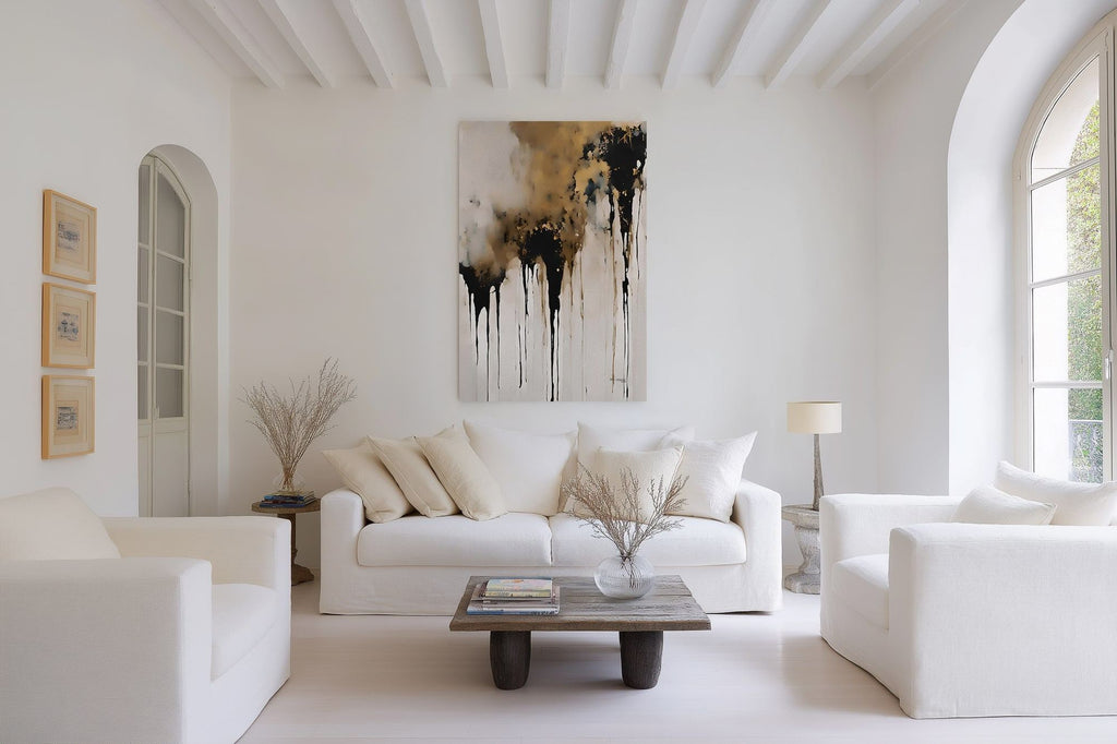 Crowned in Triumph, Revelation 3:21 canvas print above a white sofa in a wide, bright living room