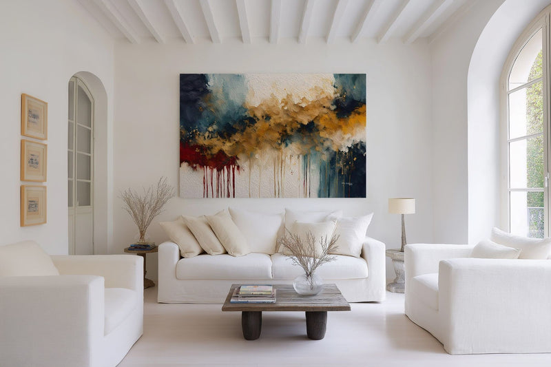 Promised Deliverance, Proverbs 11:21 canvas print above a white sofa in a wide, bright living room