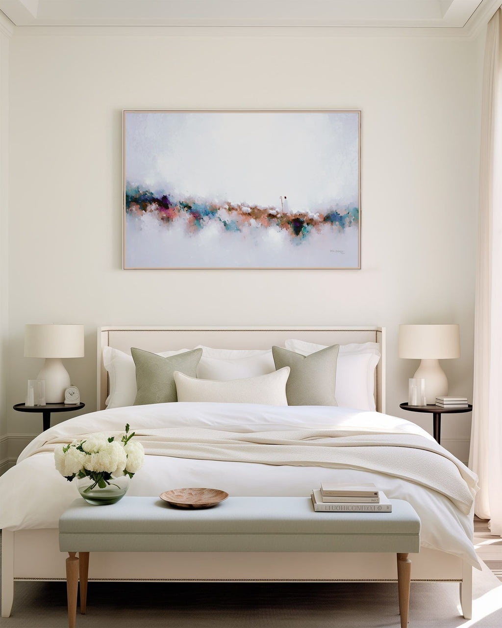 Known By Name, John 10:14 canvas print above the bed in a cream bedroom with a bench at its foot