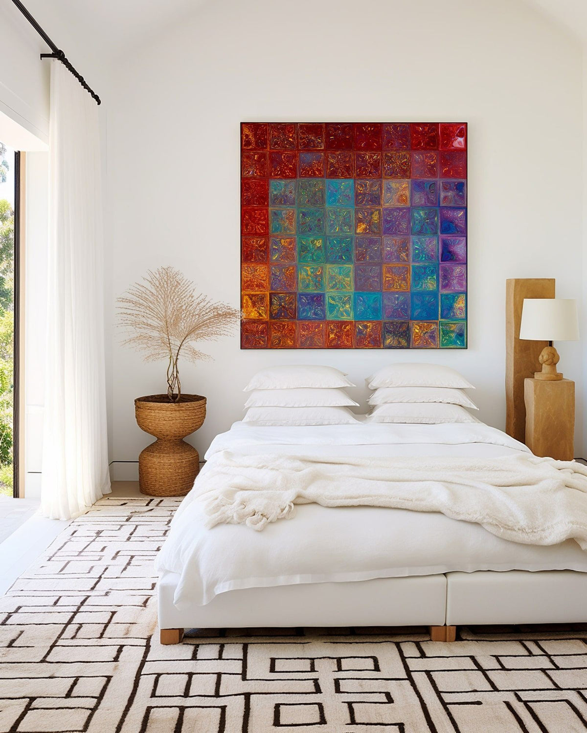 Surrounded By Love, Psalm 32:10 canvas print above a low bed in a bedroom with a patterned rug