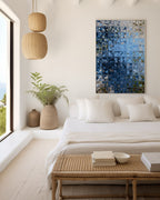 Window of Light, Matthew 6:22 canvas print above the bed in a bedroom with woven pendant lamps