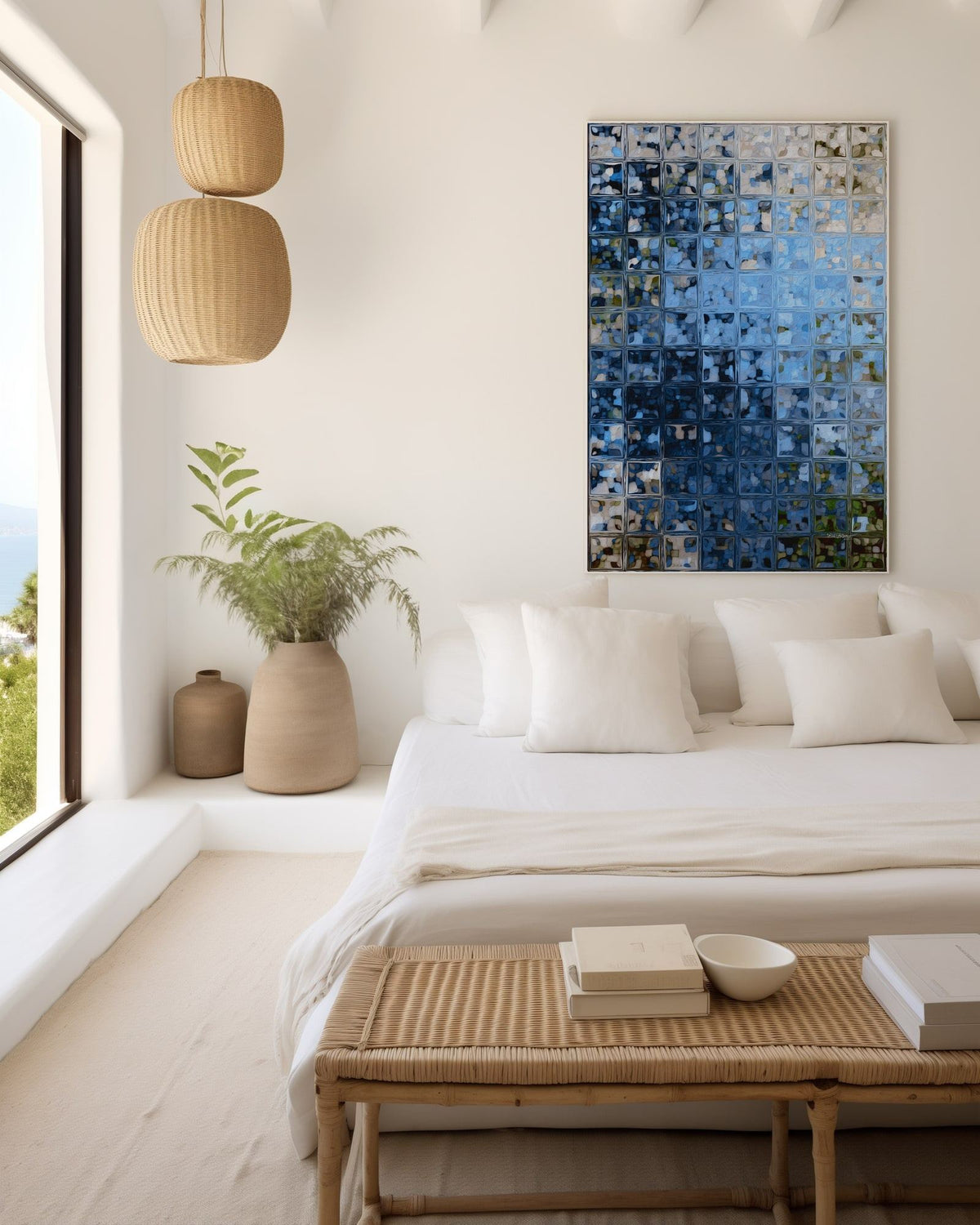 Window of Light, Matthew 6:22 canvas print above the bed in a bedroom with woven pendant lamps