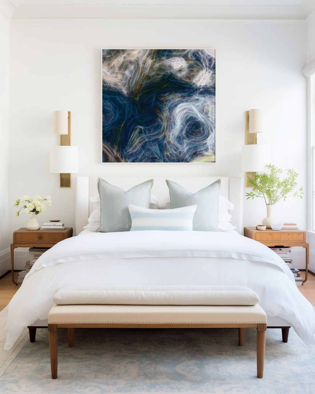 Children of God, 1 John 3:1 canvas print above the bed between two brass wall lights