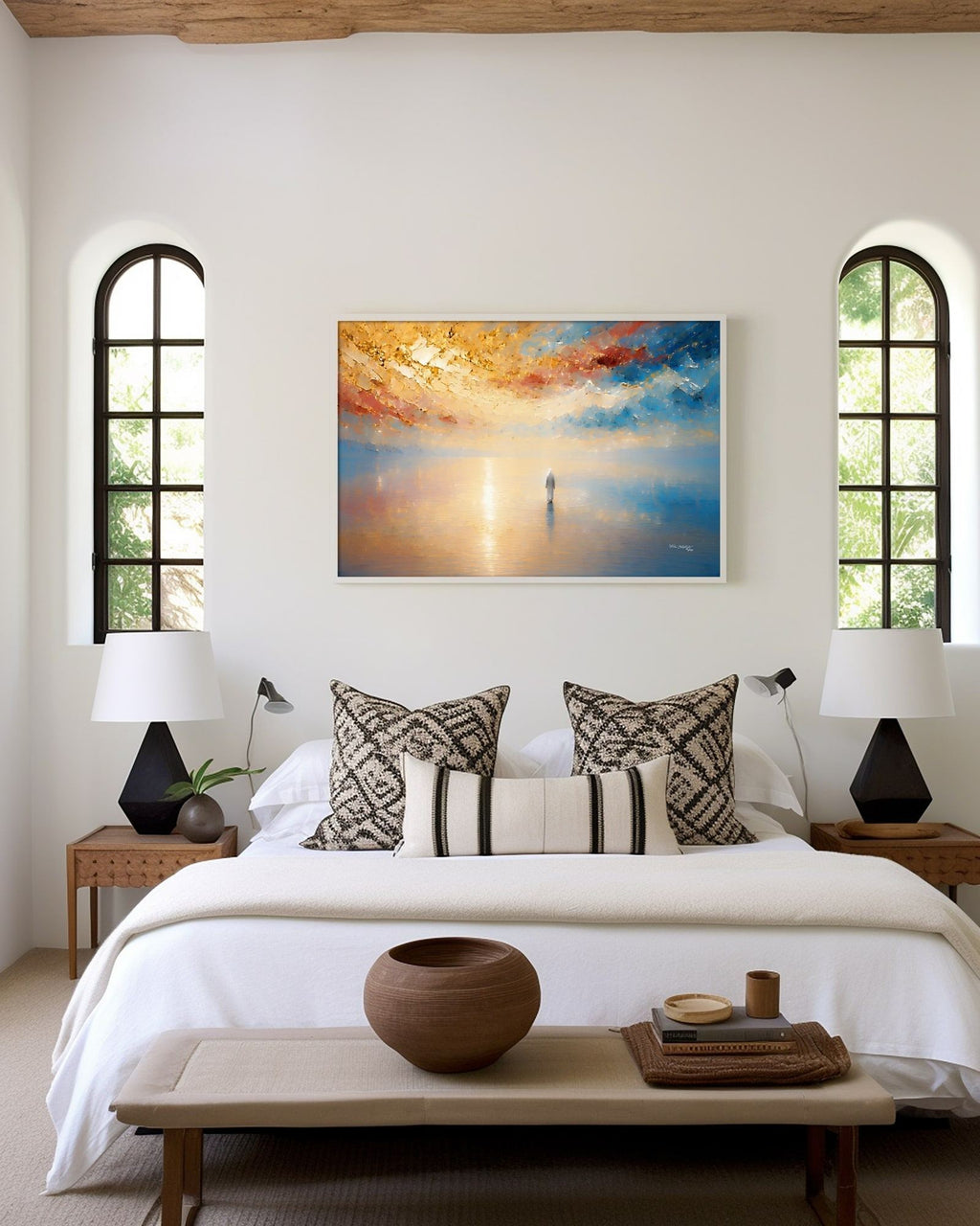 It Is I, Matthew 14:27 canvas print above the bed between two arched windows