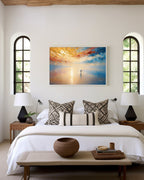 It Is I, Matthew 14:27 canvas print above the bed between two arched windows