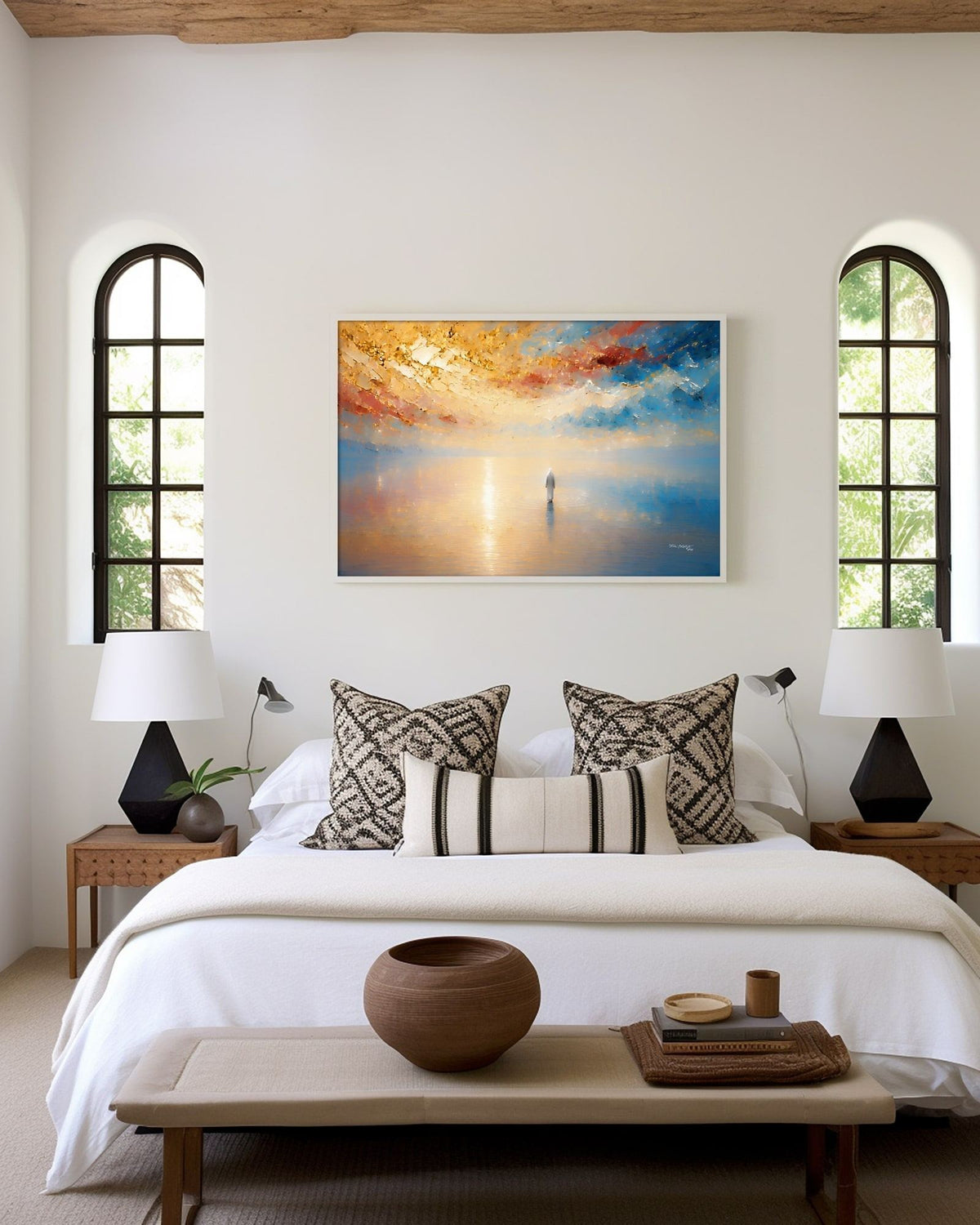 It Is I, Matthew 14:27 canvas print above the bed between two arched windows