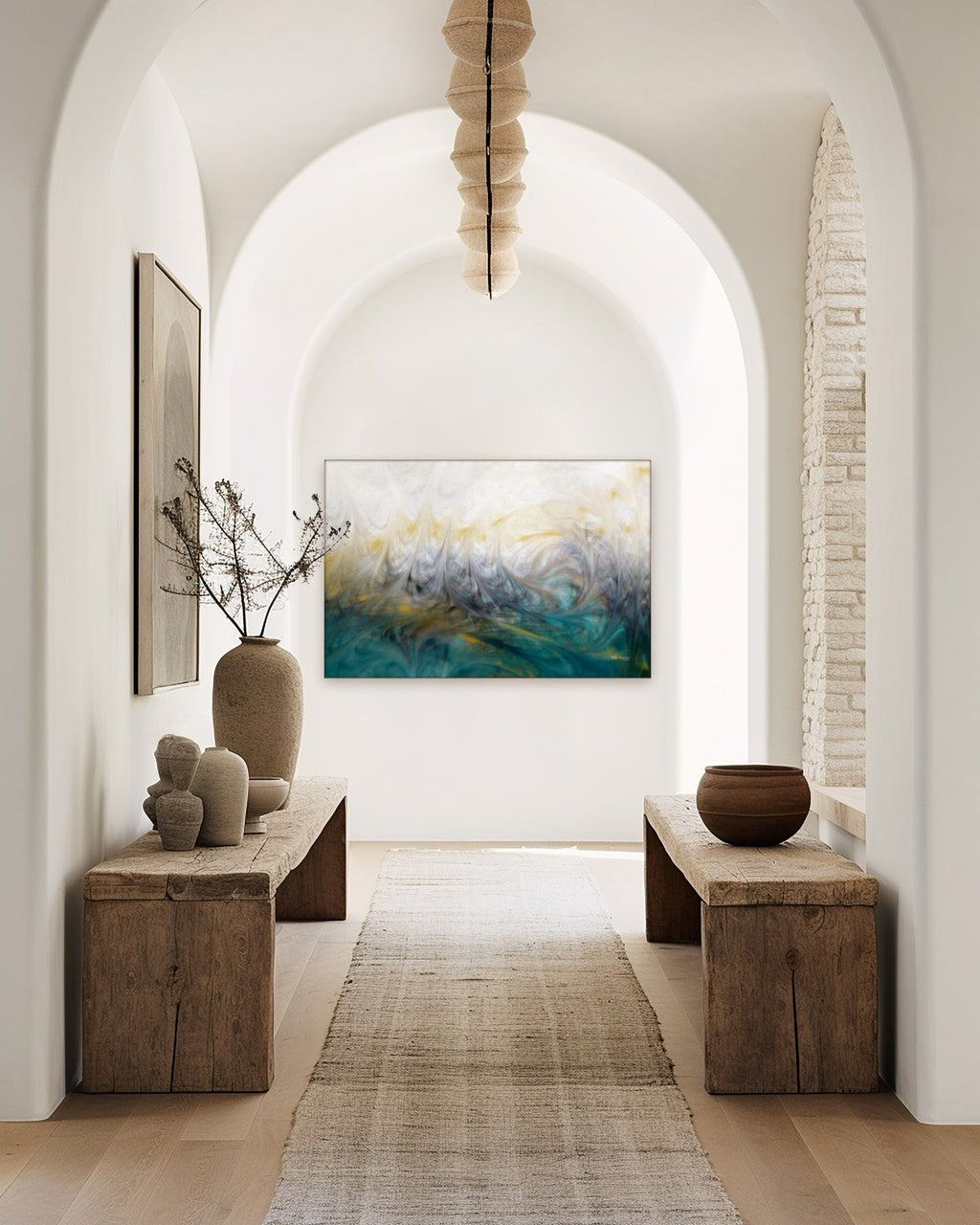 Our Secret Place, Psalm 91:1 canvas print at the end of an arched hallway with rustic wooden benches