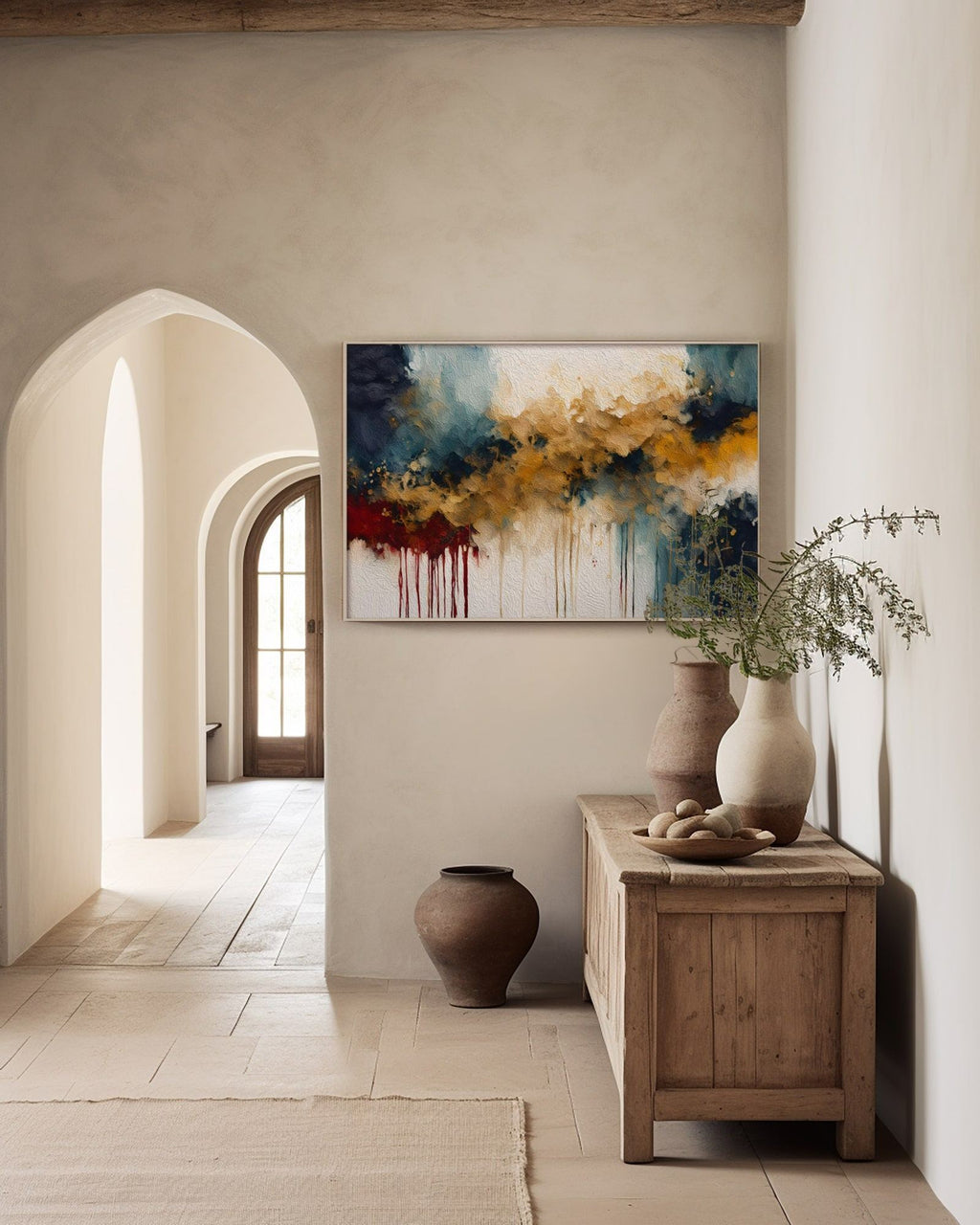 Promised Deliverance, Proverbs 11:21 canvas print above a wooden cabinet in a plaster hallway with an arched doorway