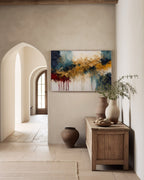 Promised Deliverance, Proverbs 11:21 canvas print above a wooden cabinet in a plaster hallway with an arched doorway