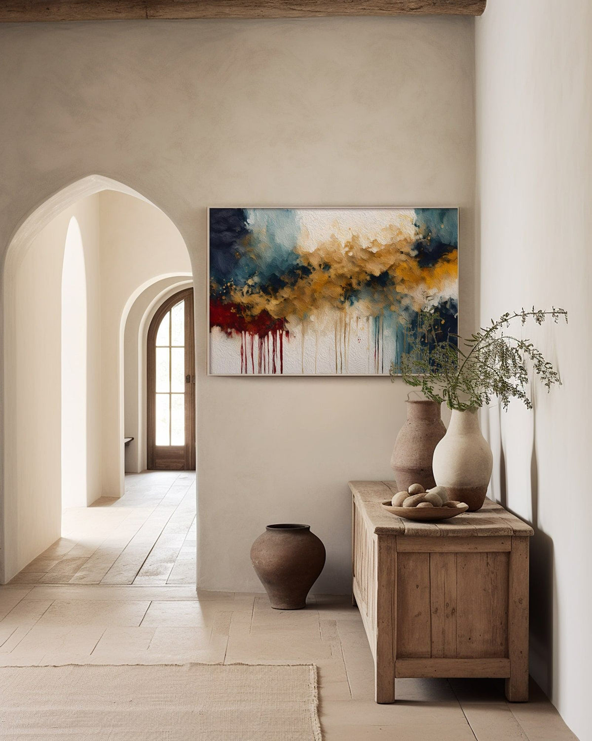 Promised Deliverance, Proverbs 11:21 canvas print above a wooden cabinet in a plaster hallway with an arched doorway