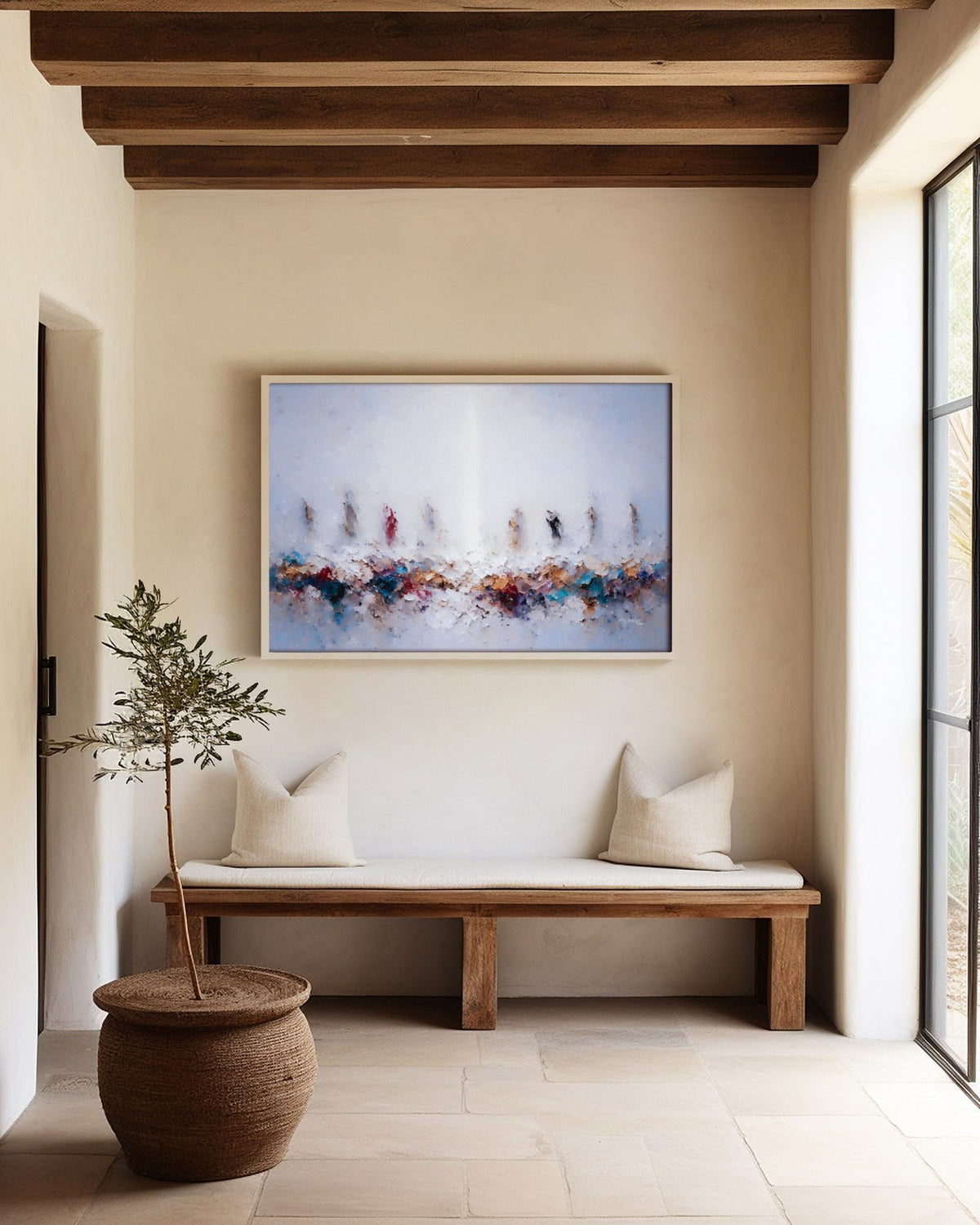 In Remembrance of Me, Luke 22:19 canvas print above a bench in an entryway with wooden ceiling beams