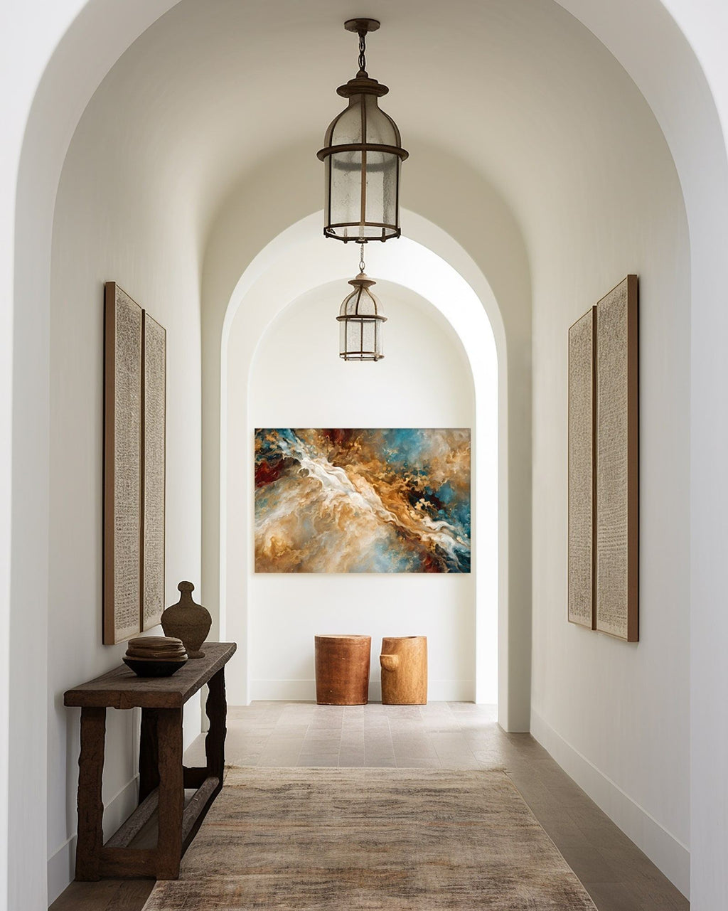 Heaven's Gate, Genesis 28:12 canvas print at the end of an arched hallway with a hanging lantern