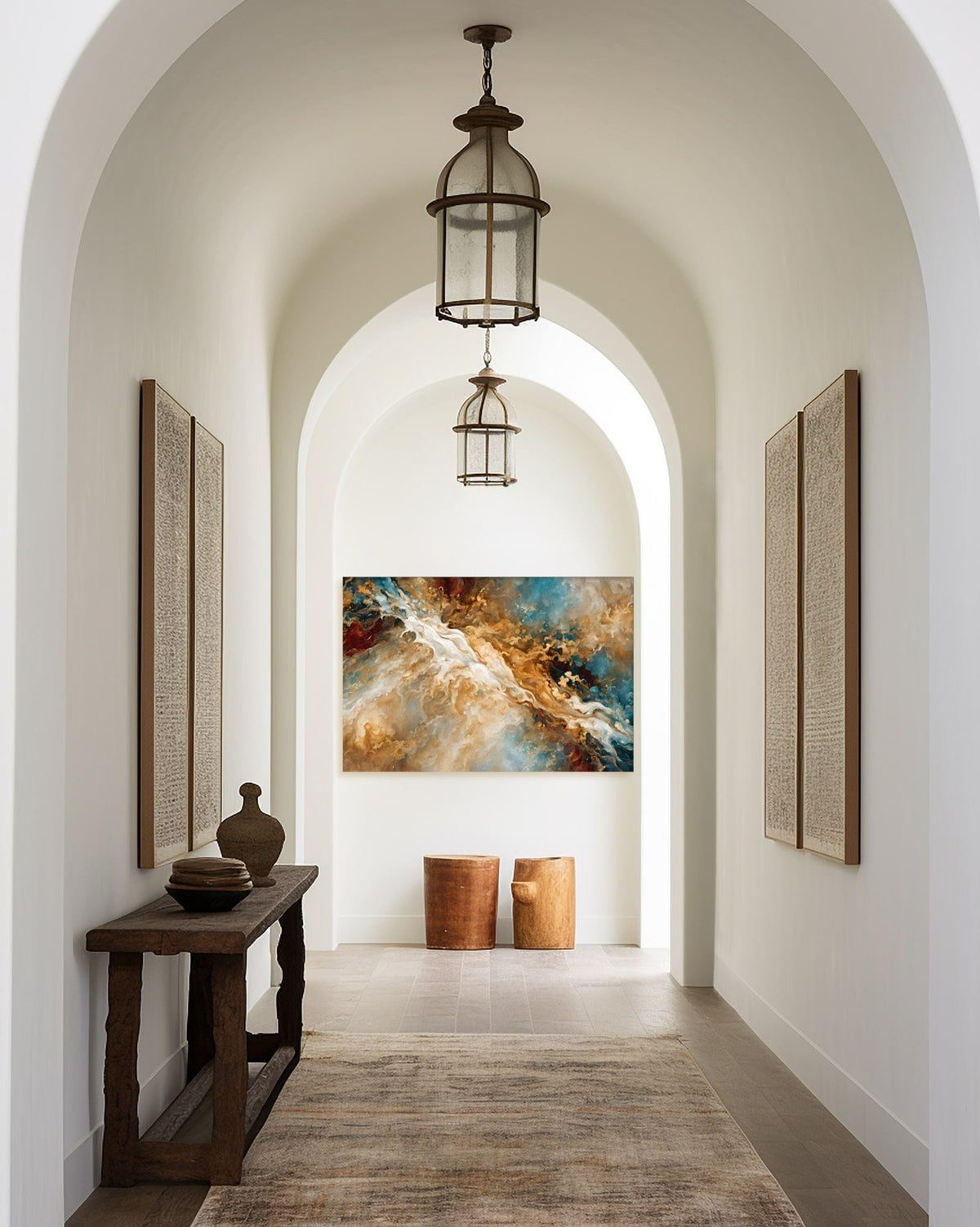 Heaven's Gate, Genesis 28:12 canvas print at the end of an arched hallway with a hanging lantern