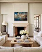 Be Fearless, 2 Timothy 1:7 canvas print above a stone fireplace in a cream living room