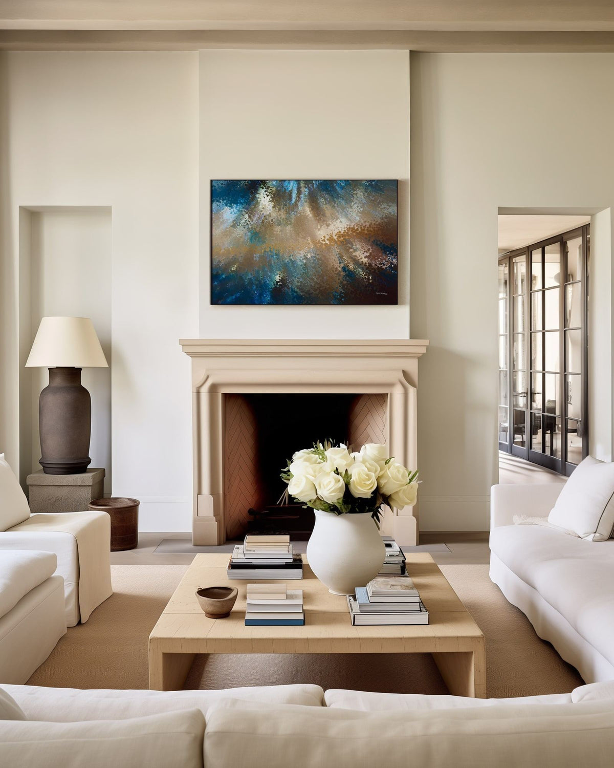 Be Fearless, 2 Timothy 1:7 canvas print above a stone fireplace in a cream living room