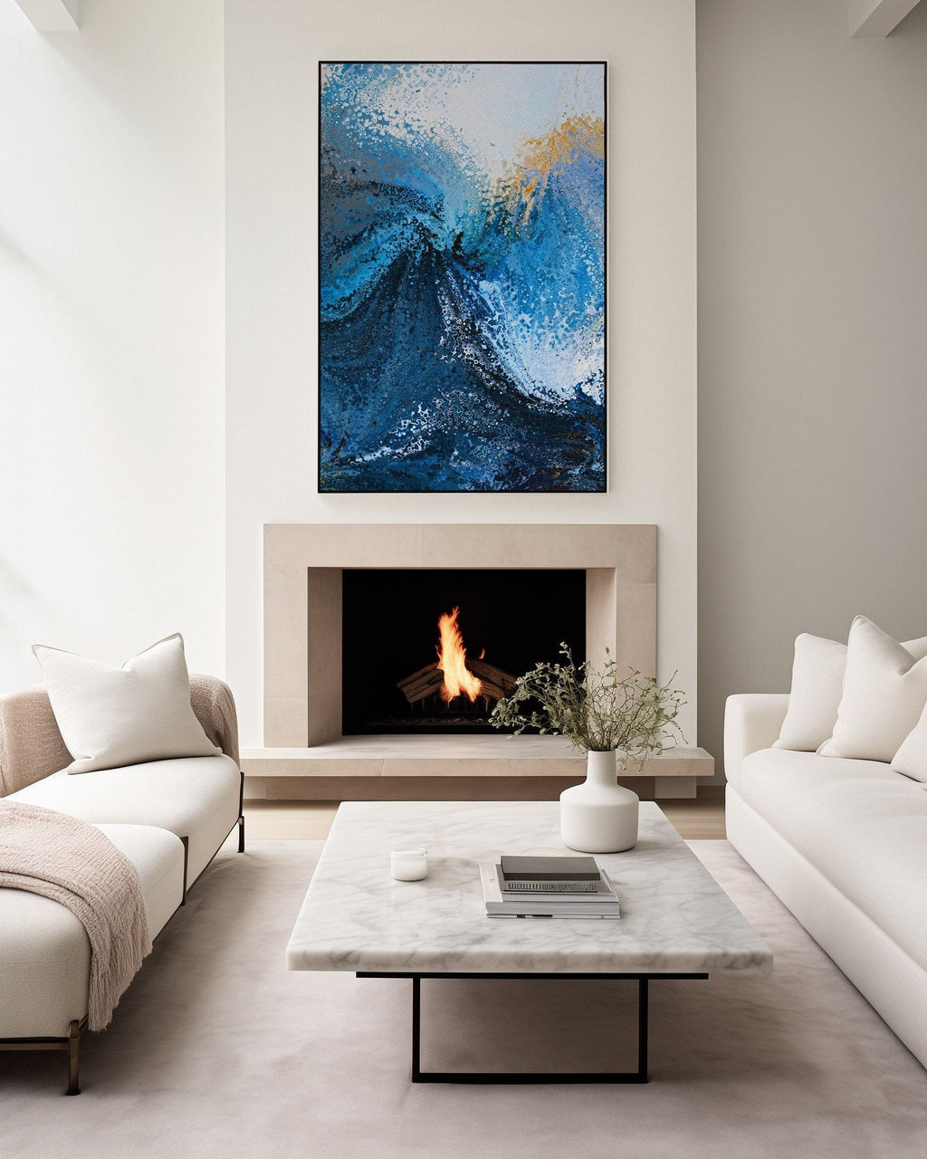 Hold Fast, Hebrews 10:23 canvas print above a lit fireplace in a living room with a marble table