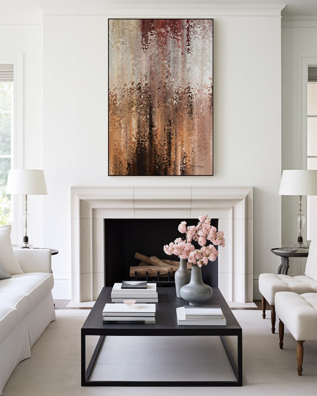 I Am With You, Isaiah 41:10 canvas print above a stone mantel between two lamps