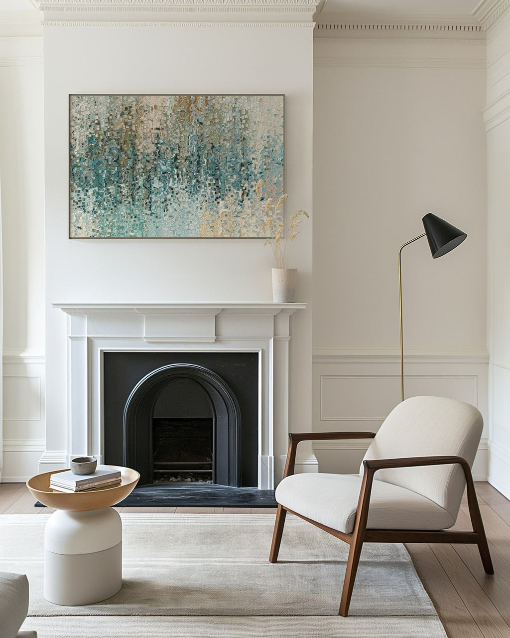 Revealed In Jesus, Romans 8:39 canvas print above a white mantel beside an armchair