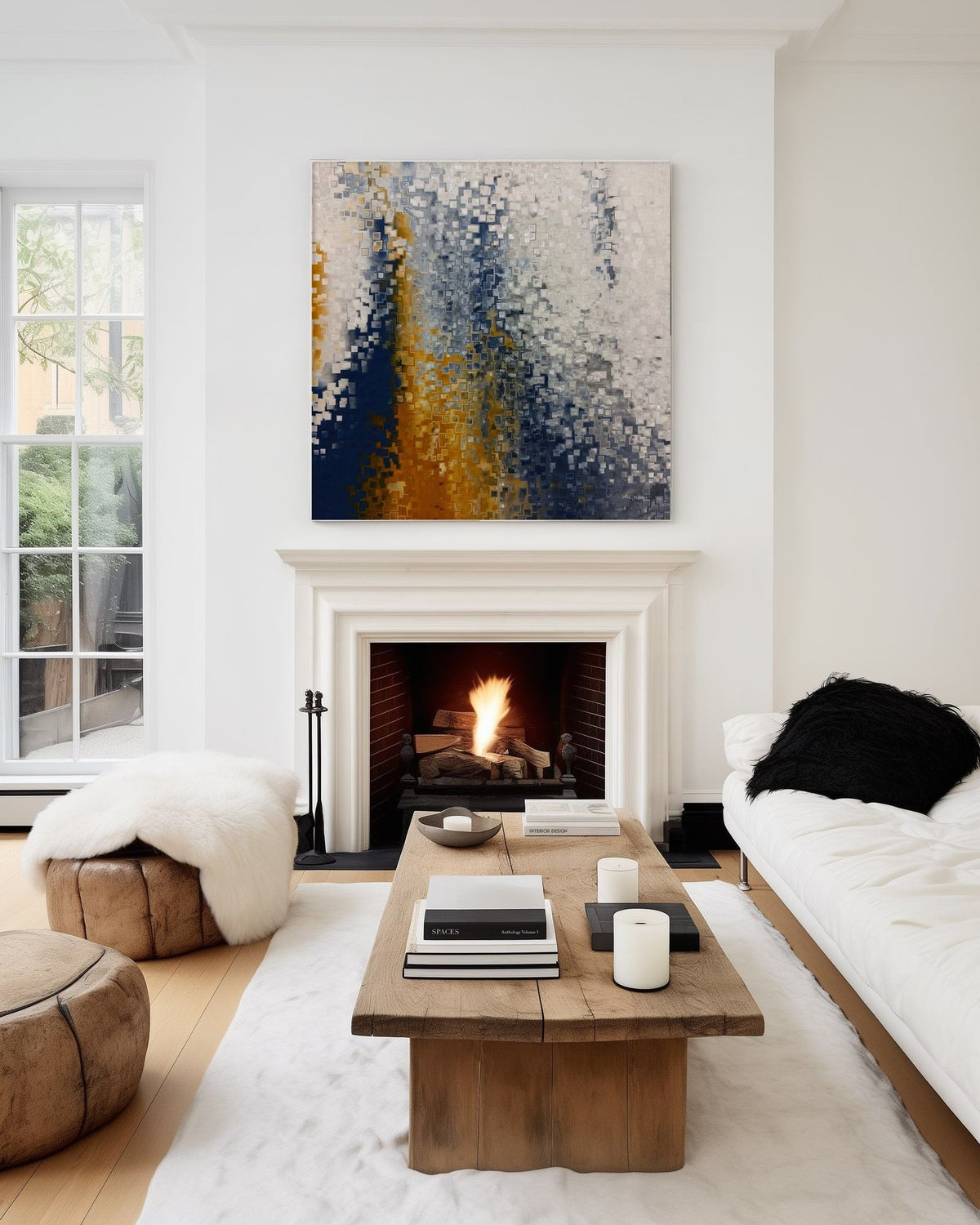 Pray without Ceasing, 1 Thessalonians 5:17 canvas print above a lit fireplace with a white mantel