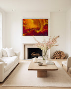 He Delivers And Rescues, Daniel 6:27 canvas print above a fireplace in a cream living room with spring blossom