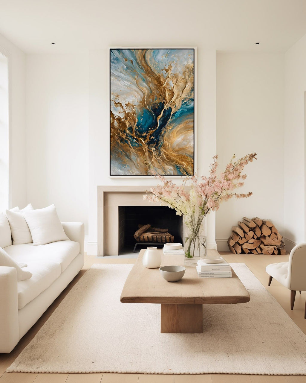 Celestial Vision, Matthew 3:16 canvas print above a fireplace in a cream living room with spring blossom