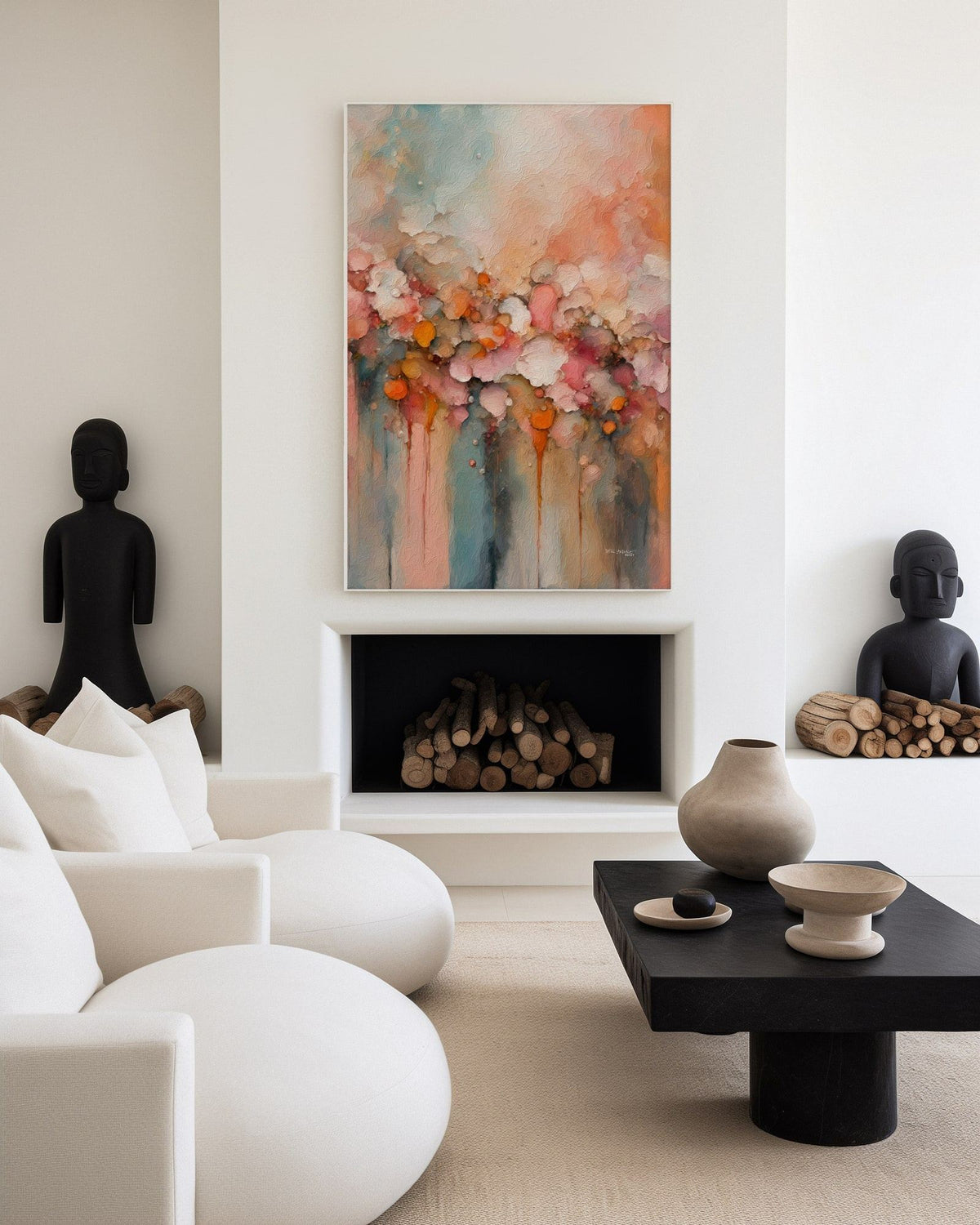 Heavenly Gathering, 1 Thessalonians 4:14 canvas print above a recessed fireplace in a white living room