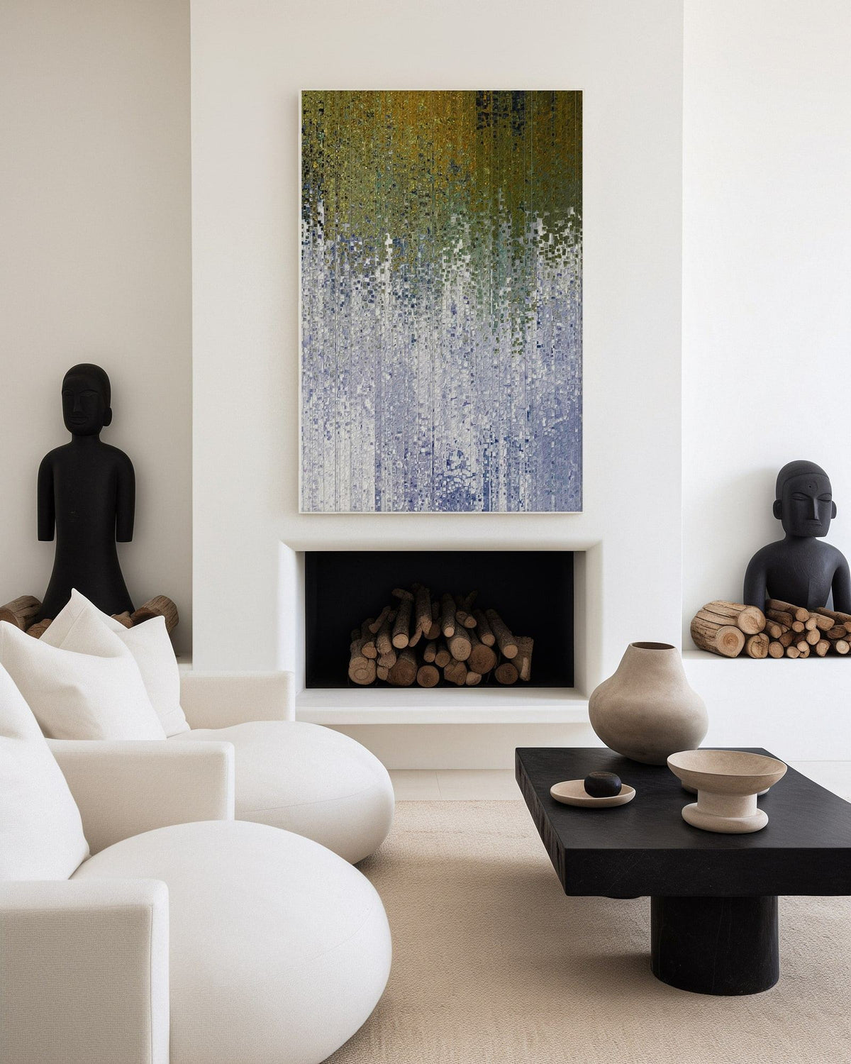 Abide In Me, John 15:5 canvas print above a recessed fireplace in a white living room