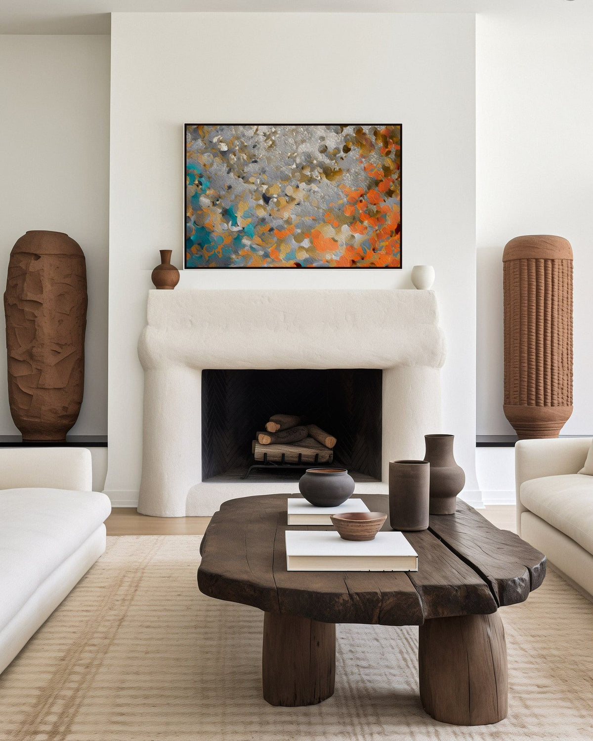 Discover Your Inner Gift, 1 Peter 4:10 canvas print above a sculpted plaster fireplace in a living room