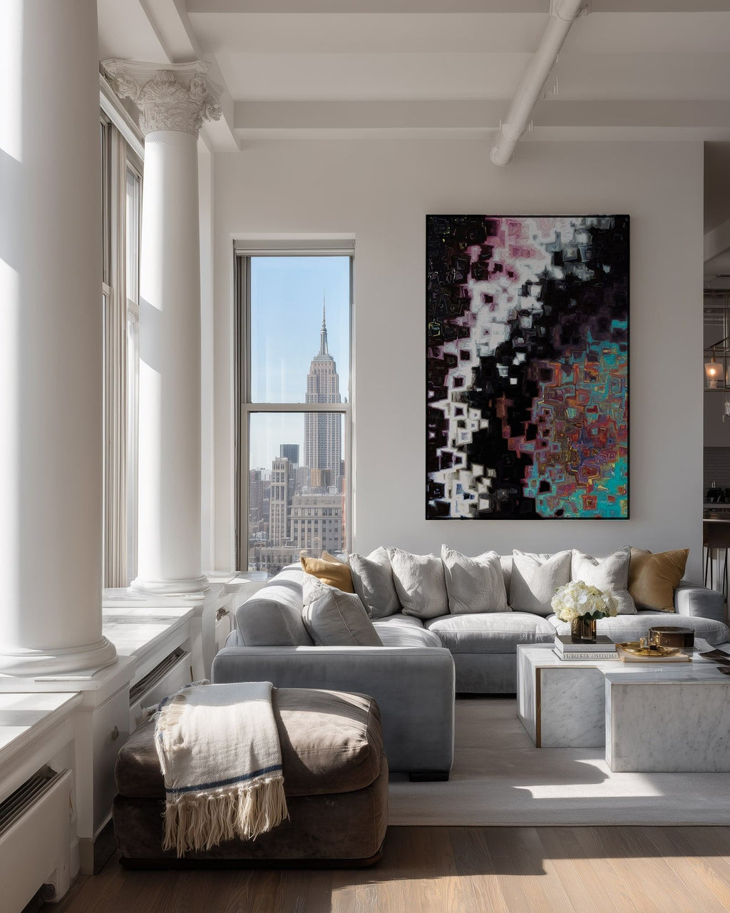 Jesus Christ, The Alpha and Omega, Revelation 1:8 canvas print above a grey sofa in a city loft