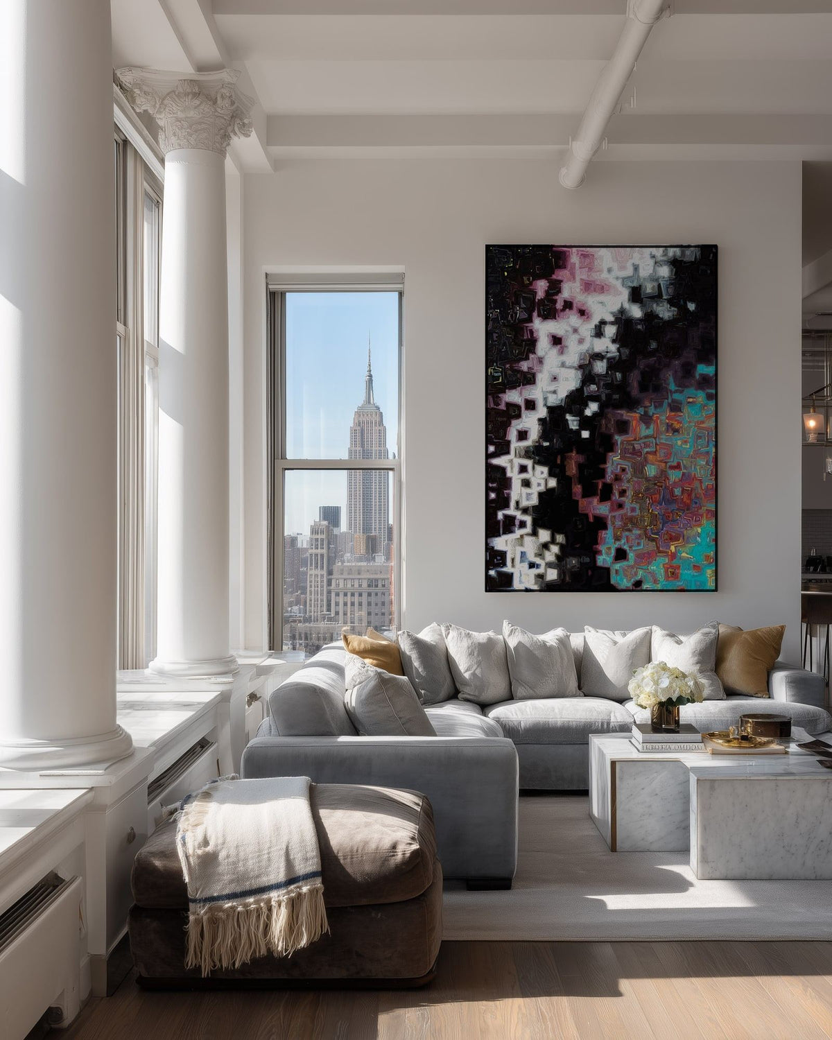 Jesus Christ, The Alpha and Omega, Revelation 1:8 canvas print above a grey sofa in a city loft