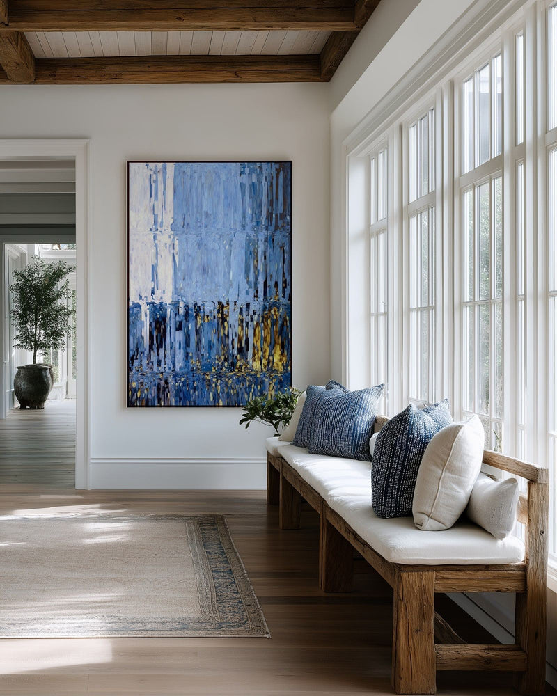 My Shepherd, Psalm 23:1 canvas print above a cushioned bench beside a wall of windows