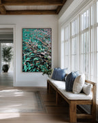 The Problem Or The Promises, 2 Peter 1:4 canvas print above a cushioned bench beside a wall of windows