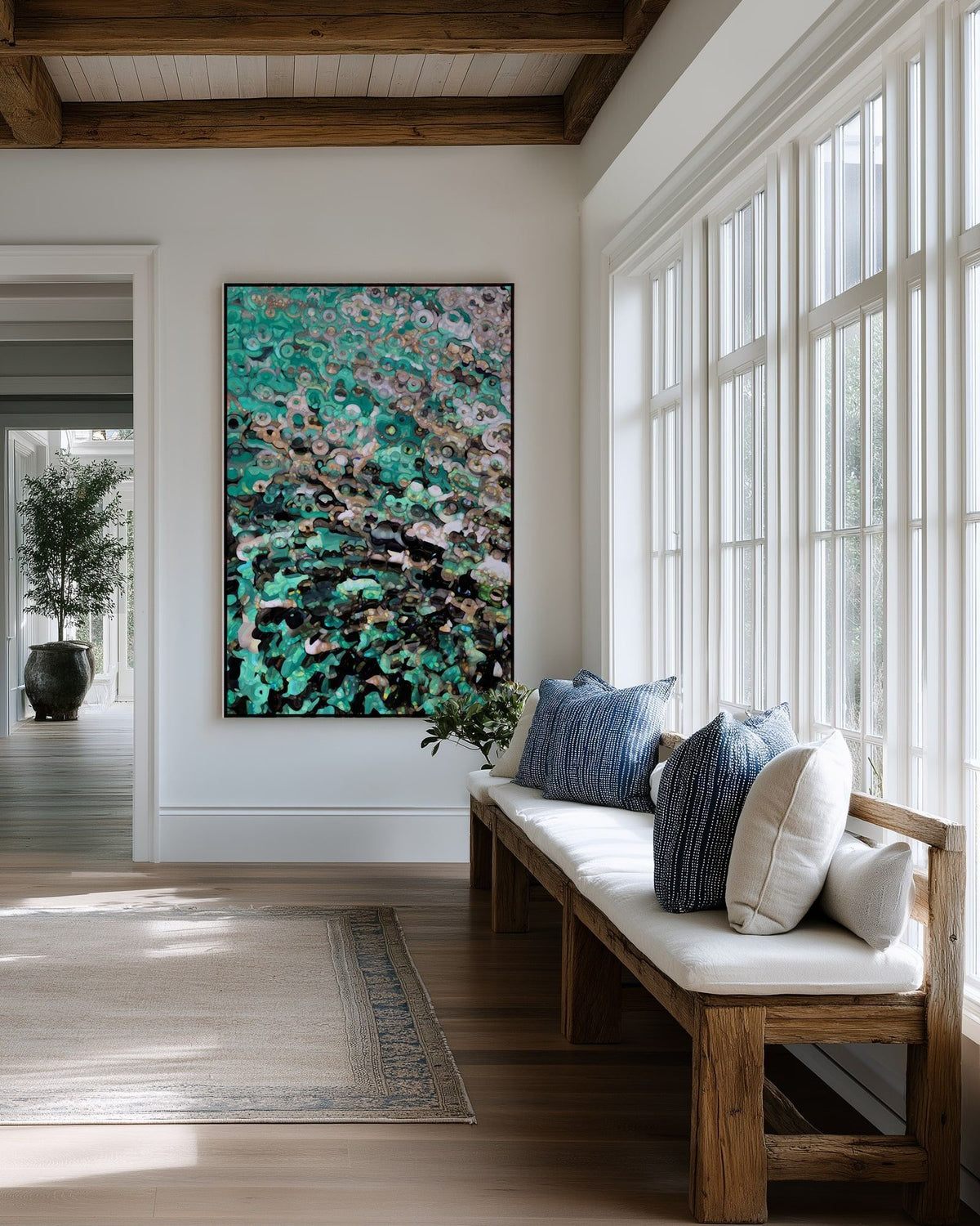 The Problem Or The Promises, 2 Peter 1:4 canvas print above a cushioned bench beside a wall of windows