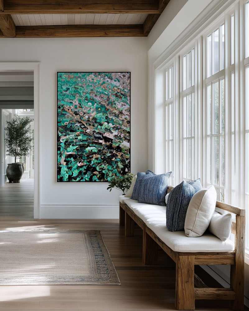 The Problem Or The Promises, 2 Peter 1:4 canvas print above a cushioned bench beside a wall of windows