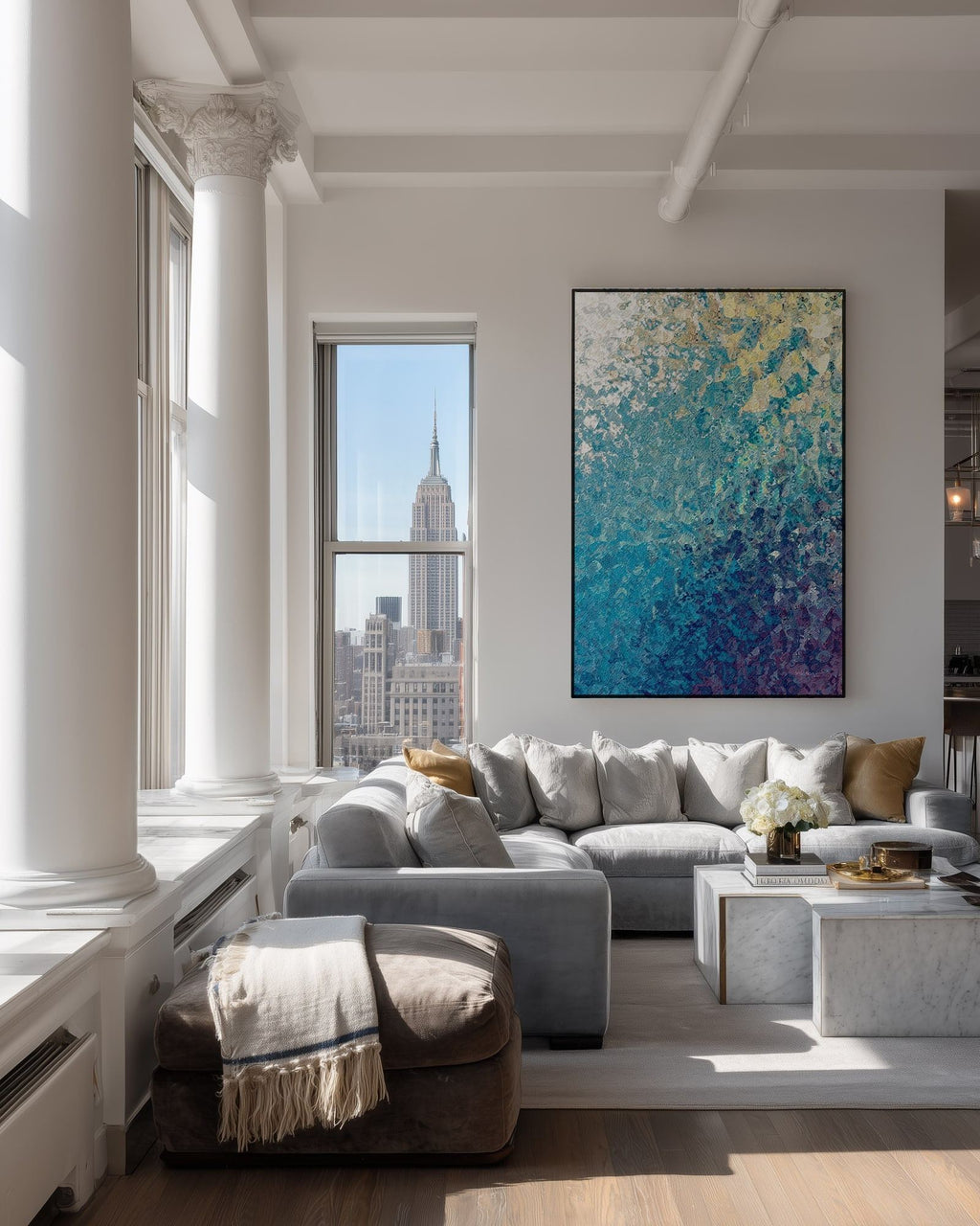 My Strength And Song, Isaiah 12:2 canvas print above a grey sofa in a city loft