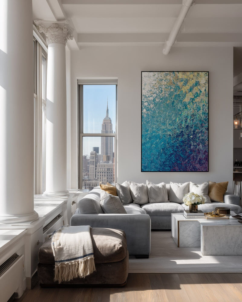 My Strength And Song, Isaiah 12:2 canvas print above a grey sofa in a city loft
